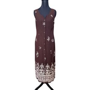 Vintage petite button front sleeveless brown dress boho resort travel summer 10P